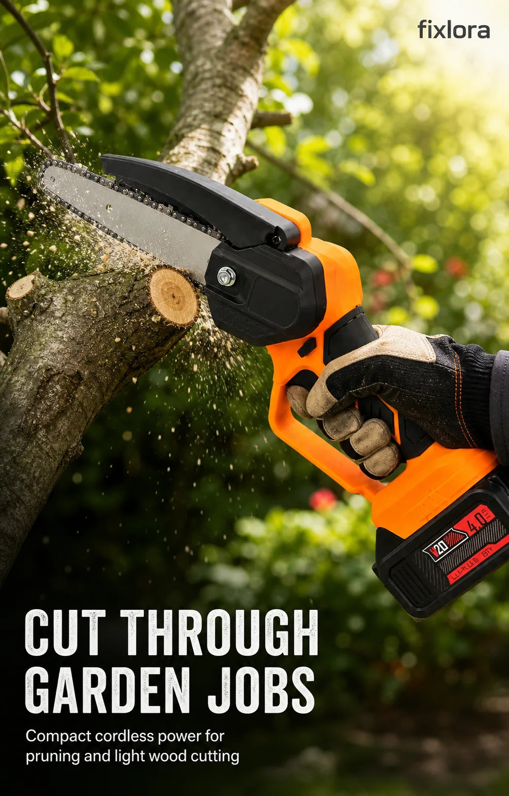 Mini chainsaw power and protective guard feature graphic