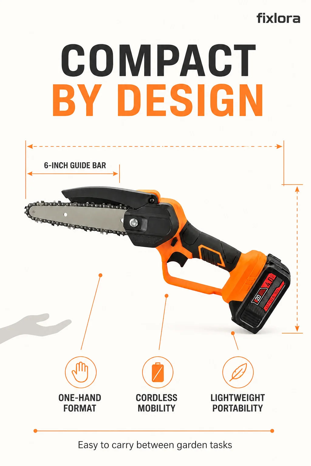 Compact mini chainsaw dimensions and portability layout