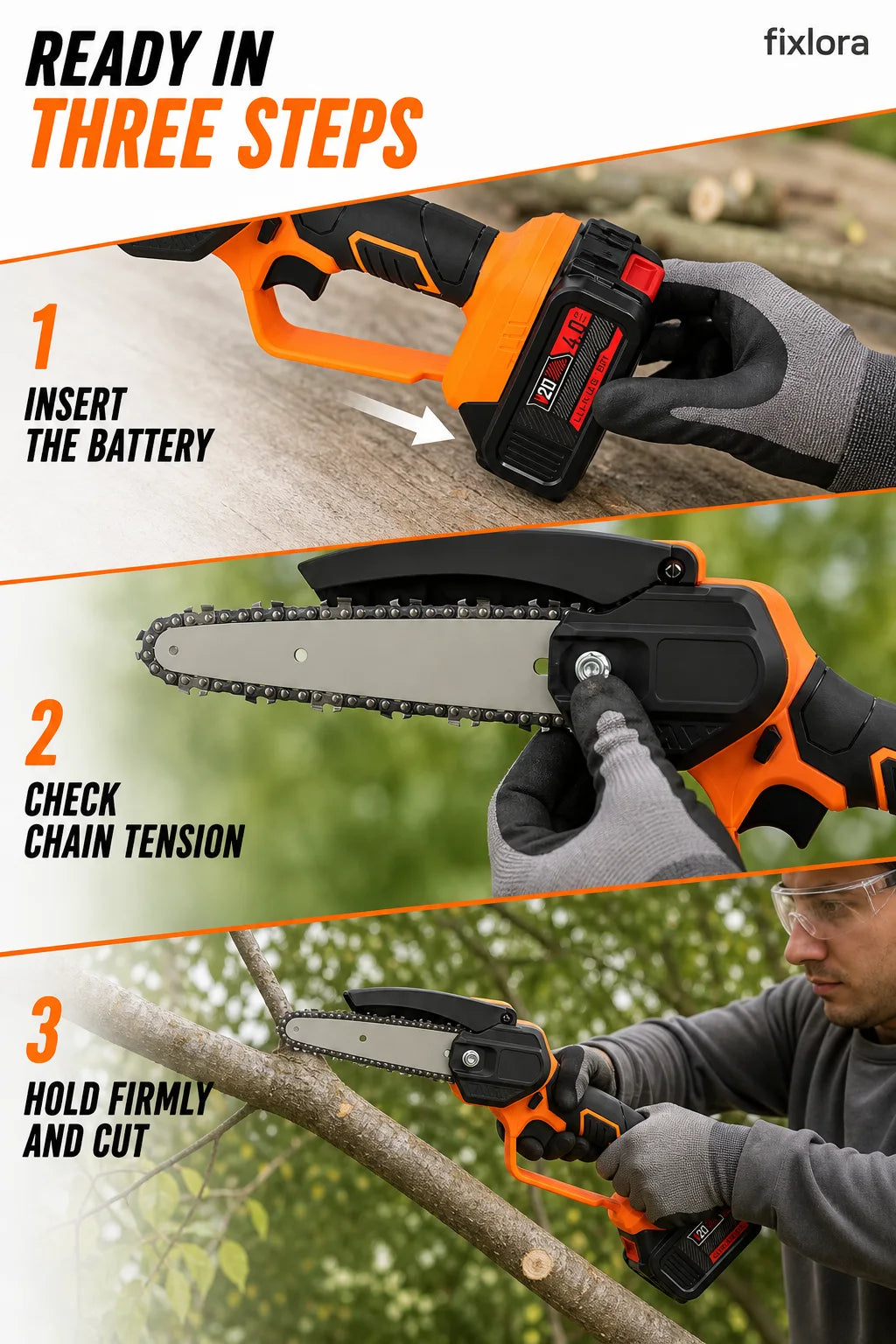 Three-step battery, chain tension and cutting guide