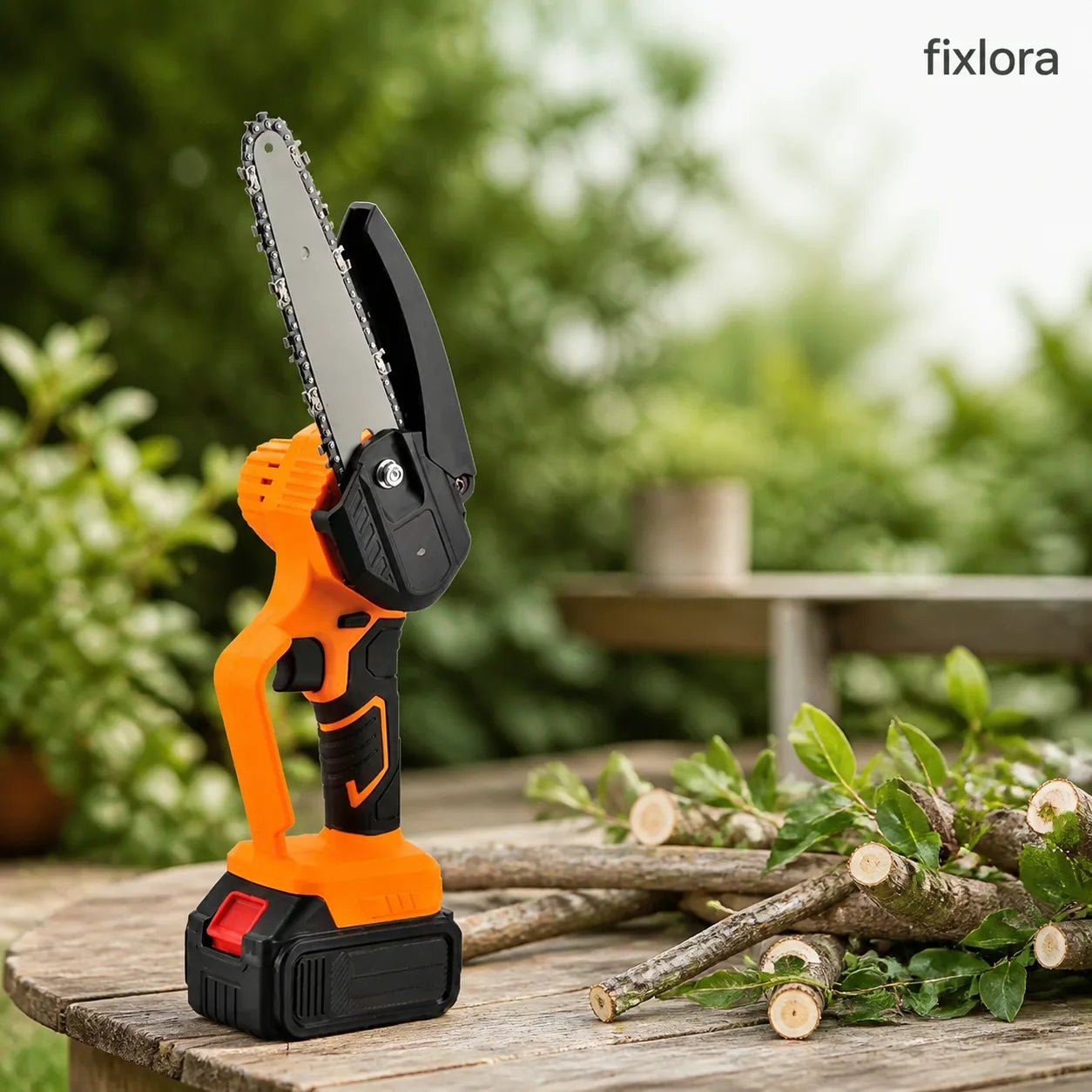 FIXLORA cordless mini chainsaw shown outdoors with cut branches