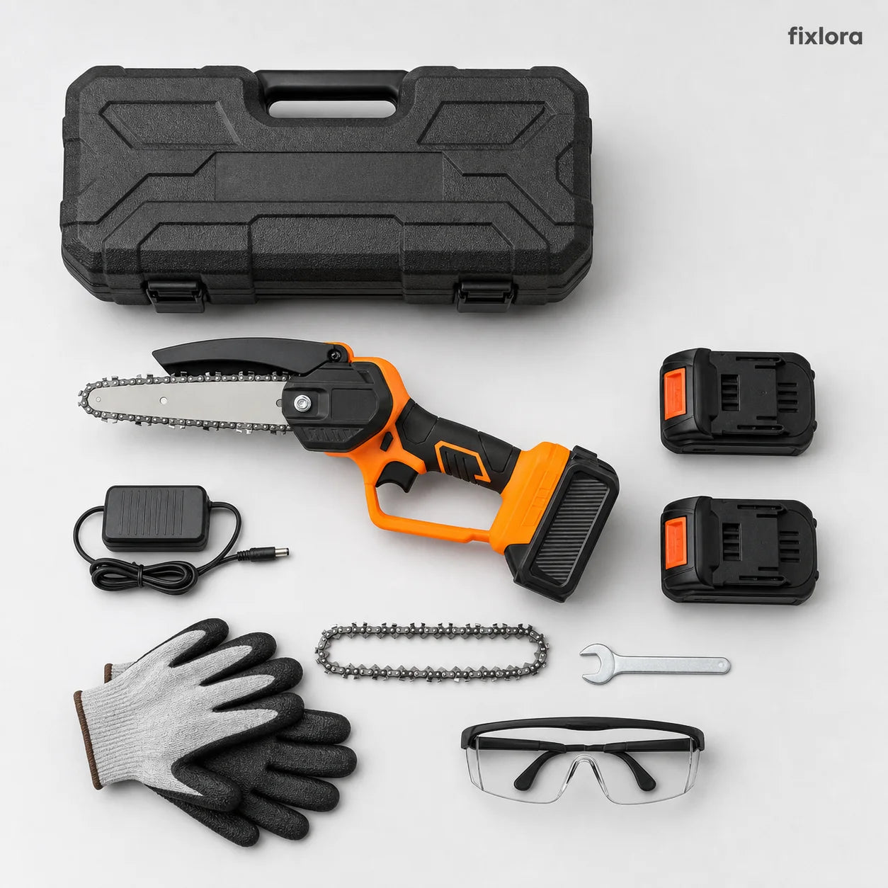 FIXLORA mini chainsaw kit with case, batteries, charger, chain, gloves and safety glasses